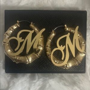 Gold Bamboo Hoop Earrings with Script 'M' Initial